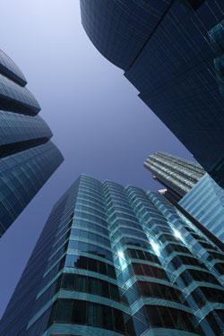 ground-up view of skyscrapers in city